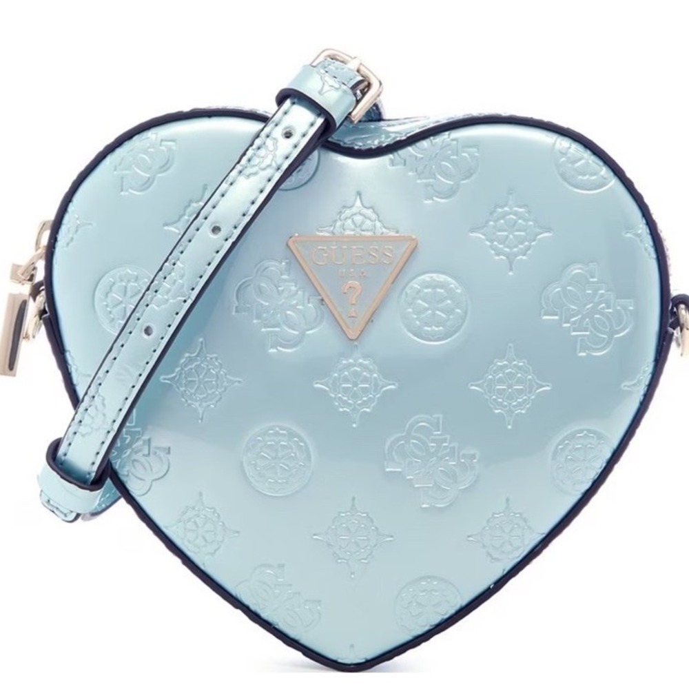 GUESS Arnela Mini Heart Crossbody Purse Quilted Powder Blue‎ Leather NWT